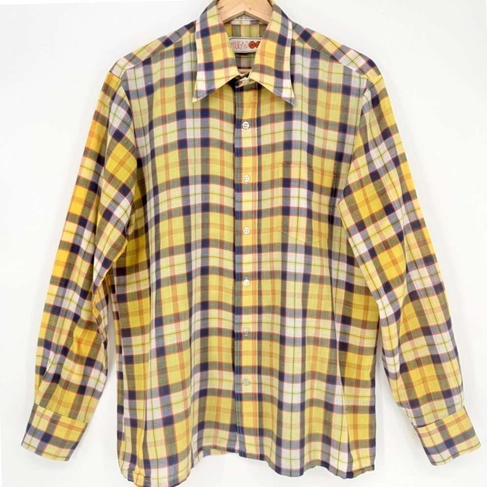 Vintage Huk-A-Poo Mens Yellow Plaid Long Sleeve Button Down Shirt 70s Retro Geek